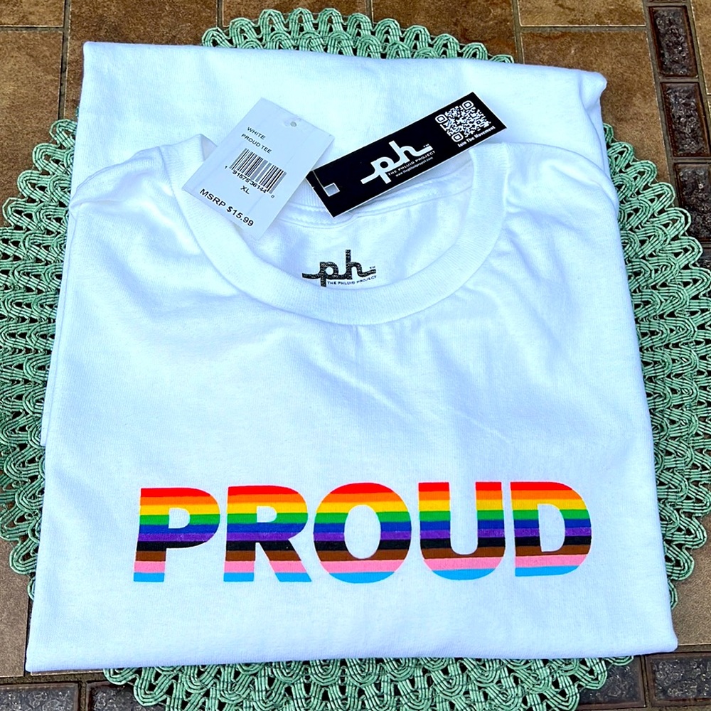 The Phluid Project “PROUD” Rainbow 🌈 T Shirt - size XL- white short sleeves.